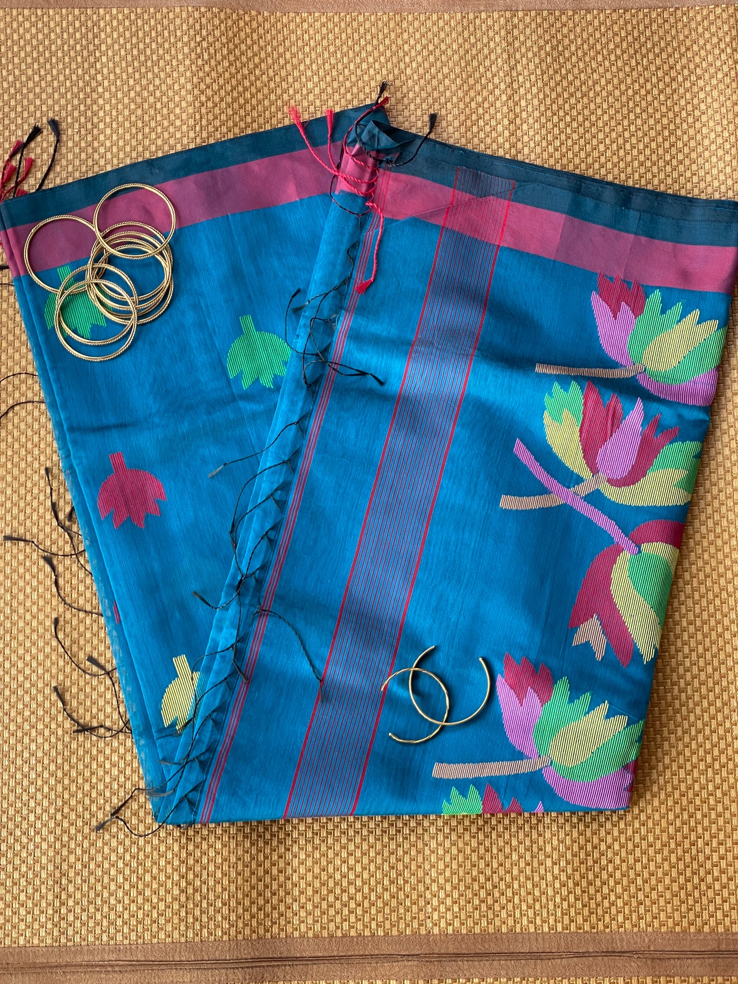 Blue Cotton Silk Saree With Floral Motifs