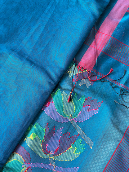 Blue Cotton Silk Saree With Floral Motifs
