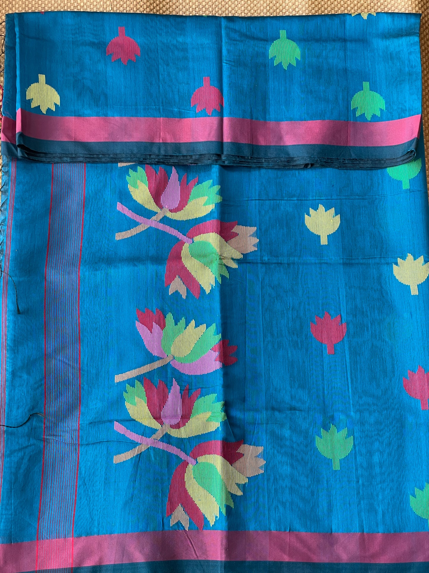 Blue Cotton Silk Saree With Floral Motifs