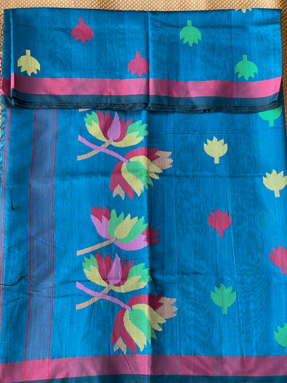 Blue Cotton Silk Saree With Floral Motifs