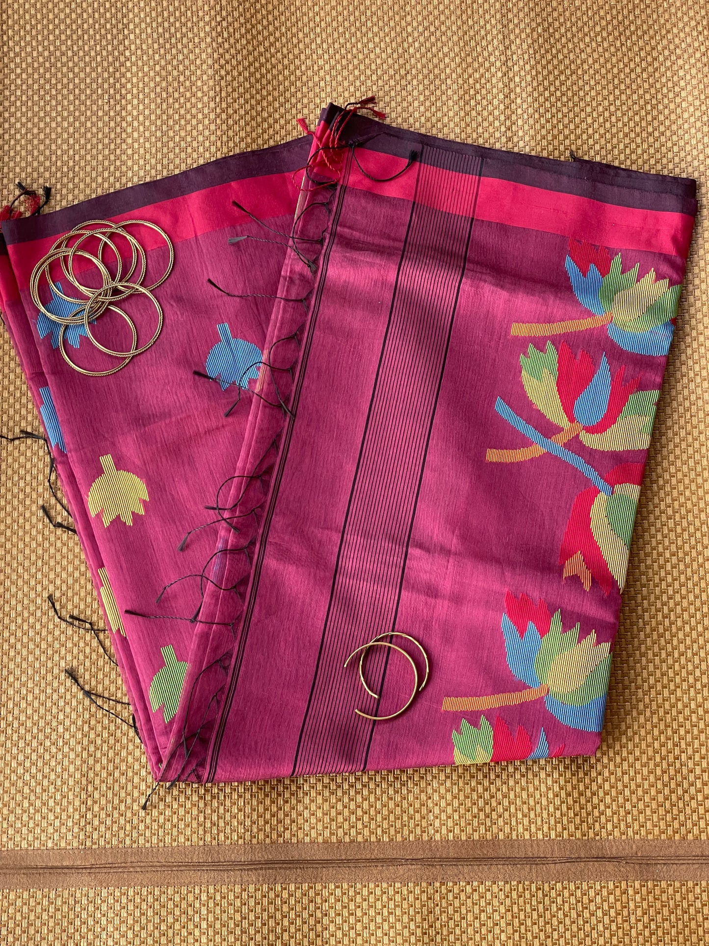 Maroon Cotton Silk Saree With Floral Motifs