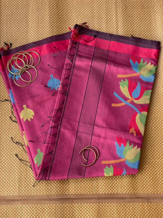 Maroon Cotton Silk Saree With Floral Motifs