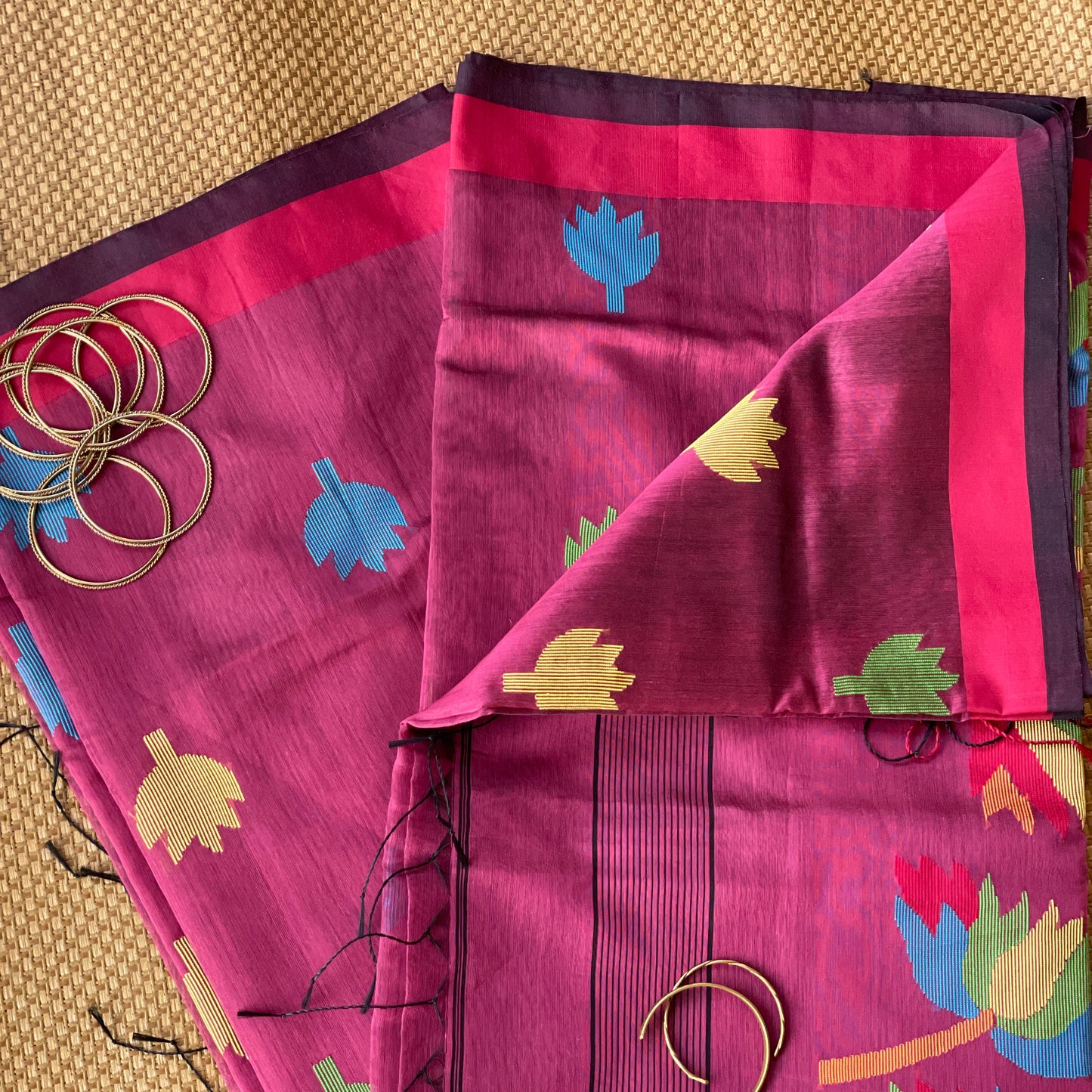 Maroon Cotton Silk Saree With Floral Motifs