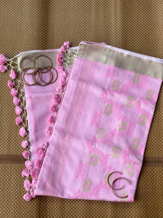 Pink Cottoncandy Jacquard Cotton Silk Saree with Zari border
