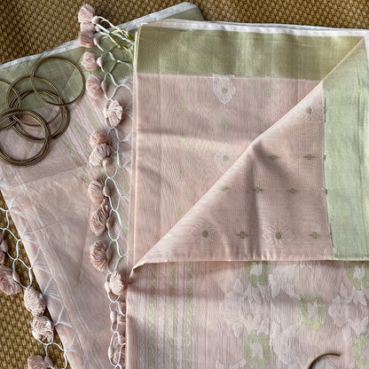 Beige Ivory Jacquard Cotton Silk Saree with Zari border
