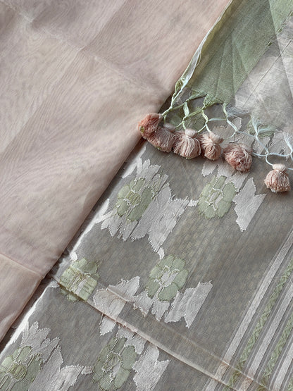 Beige Ivory Jacquard Cotton Silk Saree with Zari border