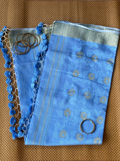 Blue Jacquard Cotton Silk Saree with Zari border