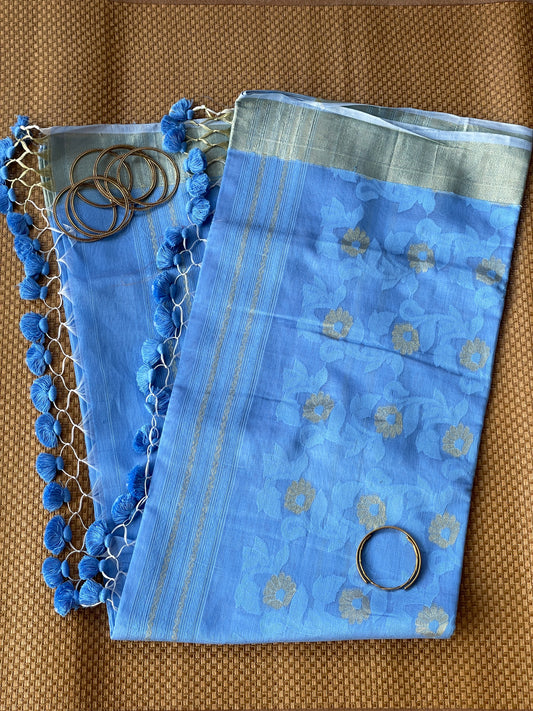 Blue Jacquard Cotton Silk Saree with Zari border