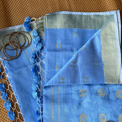 Blue Jacquard Cotton Silk Saree with Zari border