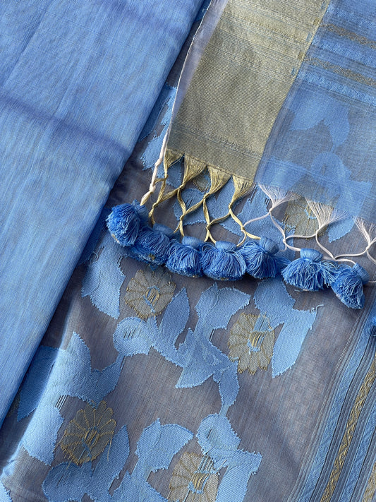 Blue Jacquard Cotton Silk Saree with Zari border