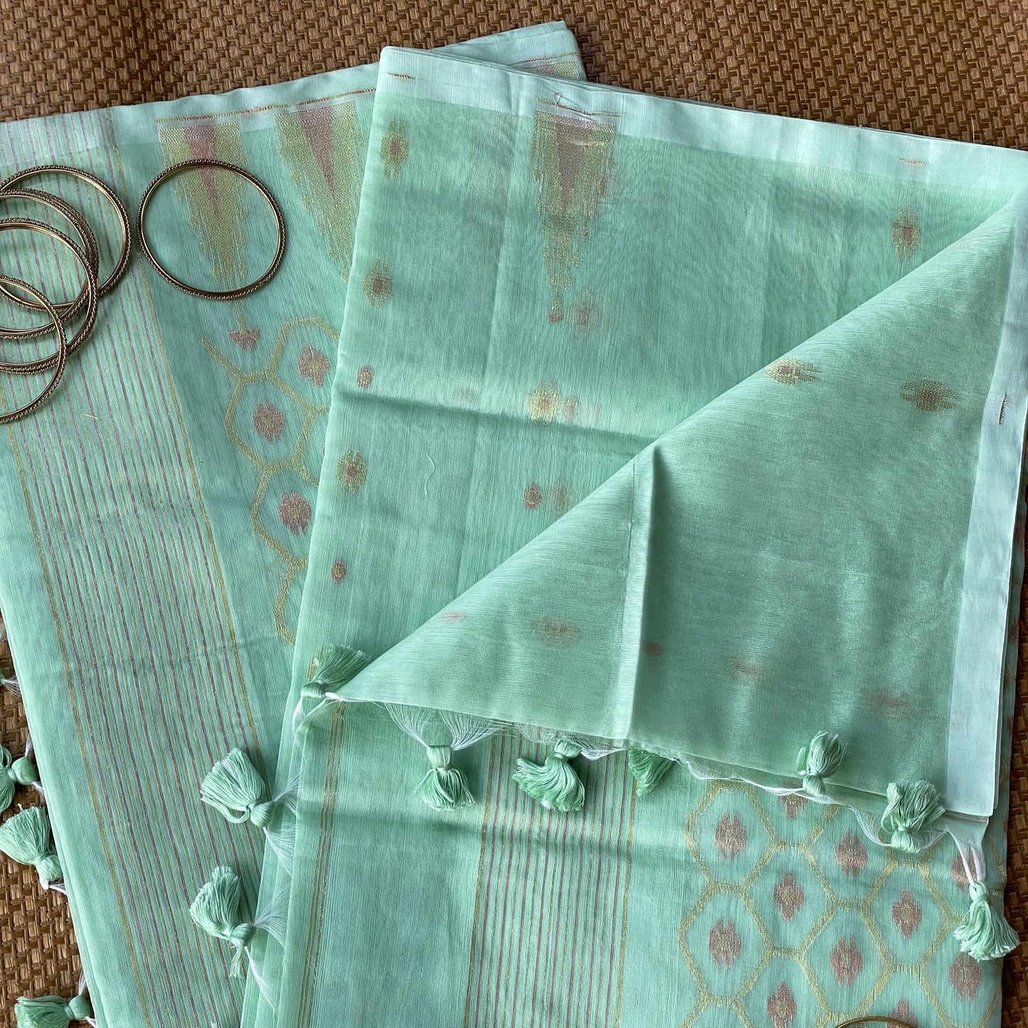 Sea Green Dual Zari Cotton Silk Saree