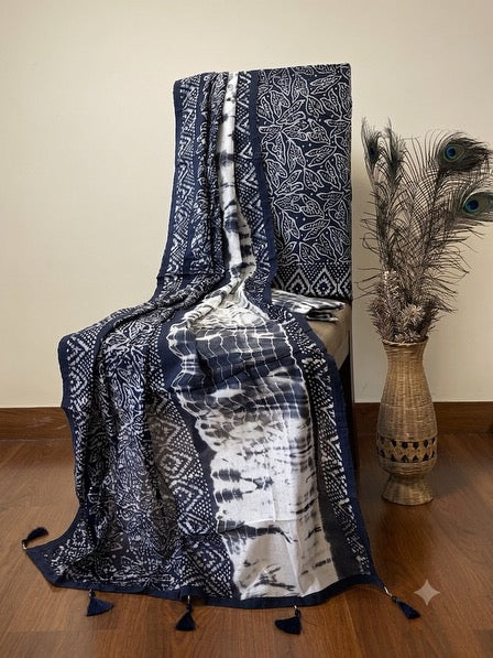 Grey & White Mulmul Batik Suit