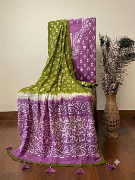Purple & Green Mulmul Batik Suit
