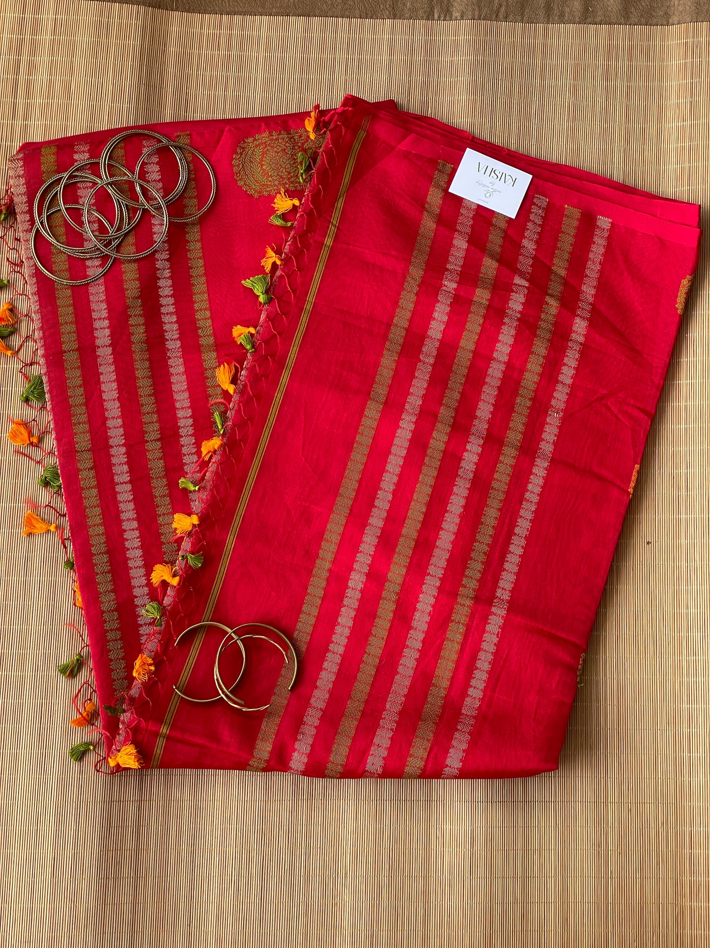Red Green Yellow Bengal Mercerised Cotton Saree
