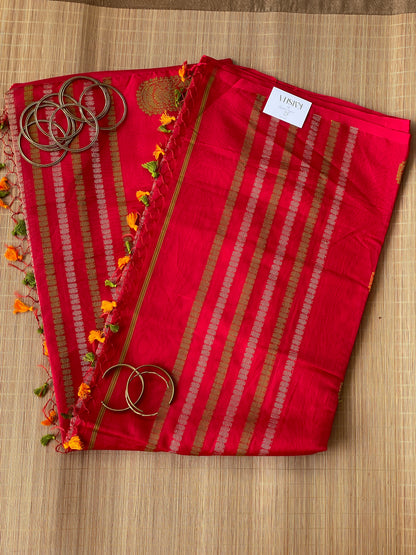 Red Green Yellow Bengal Mercerised Cotton Saree