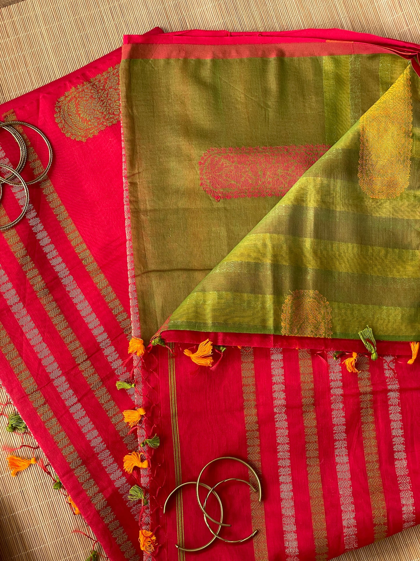 Red Green Yellow Bengal Mercerised Cotton Saree