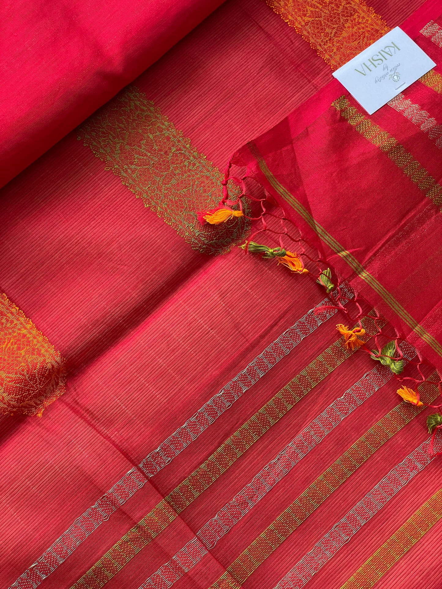 Red Green Yellow Bengal Mercerised Cotton Saree