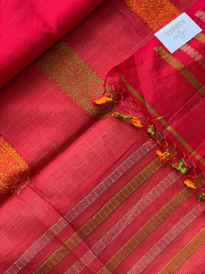 Red Green Yellow Bengal Mercerised Cotton Saree