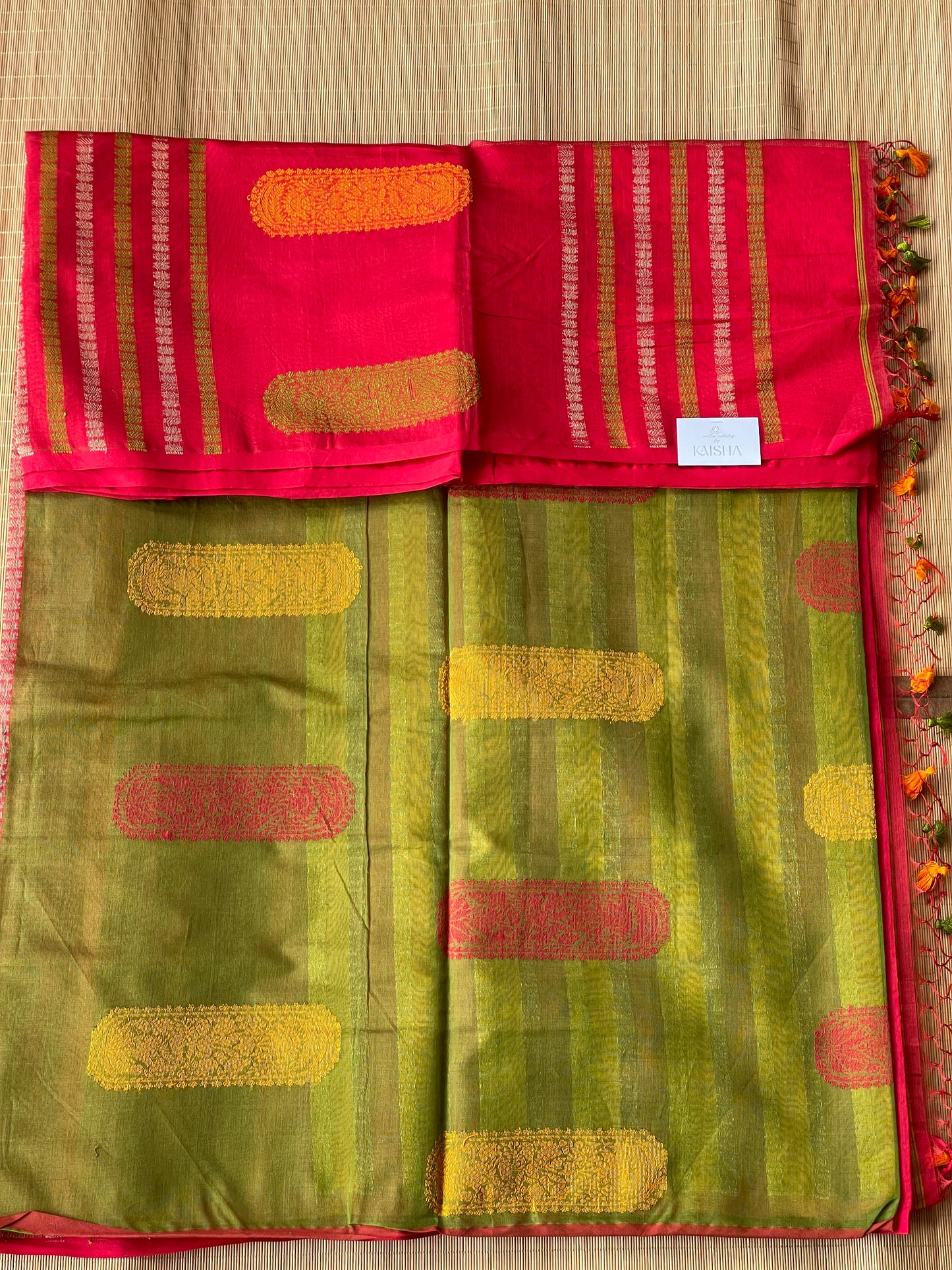 Red Green Yellow Bengal Mercerised Cotton Saree