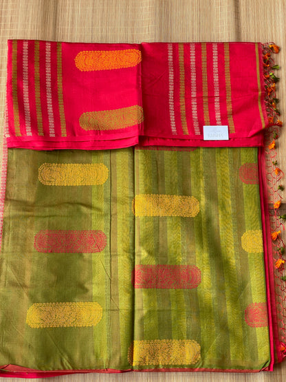 Red Green Yellow Bengal Mercerised Cotton Saree