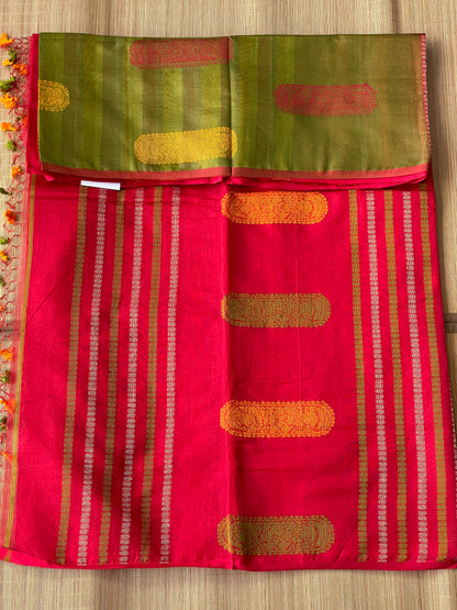 Red Green Yellow Bengal Mercerised Cotton Saree