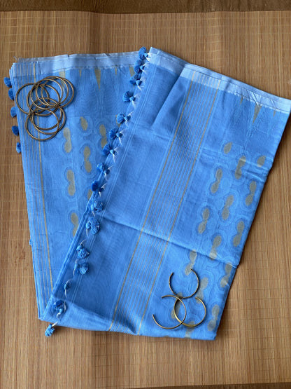 Azure Blue Cotton Silk Saree