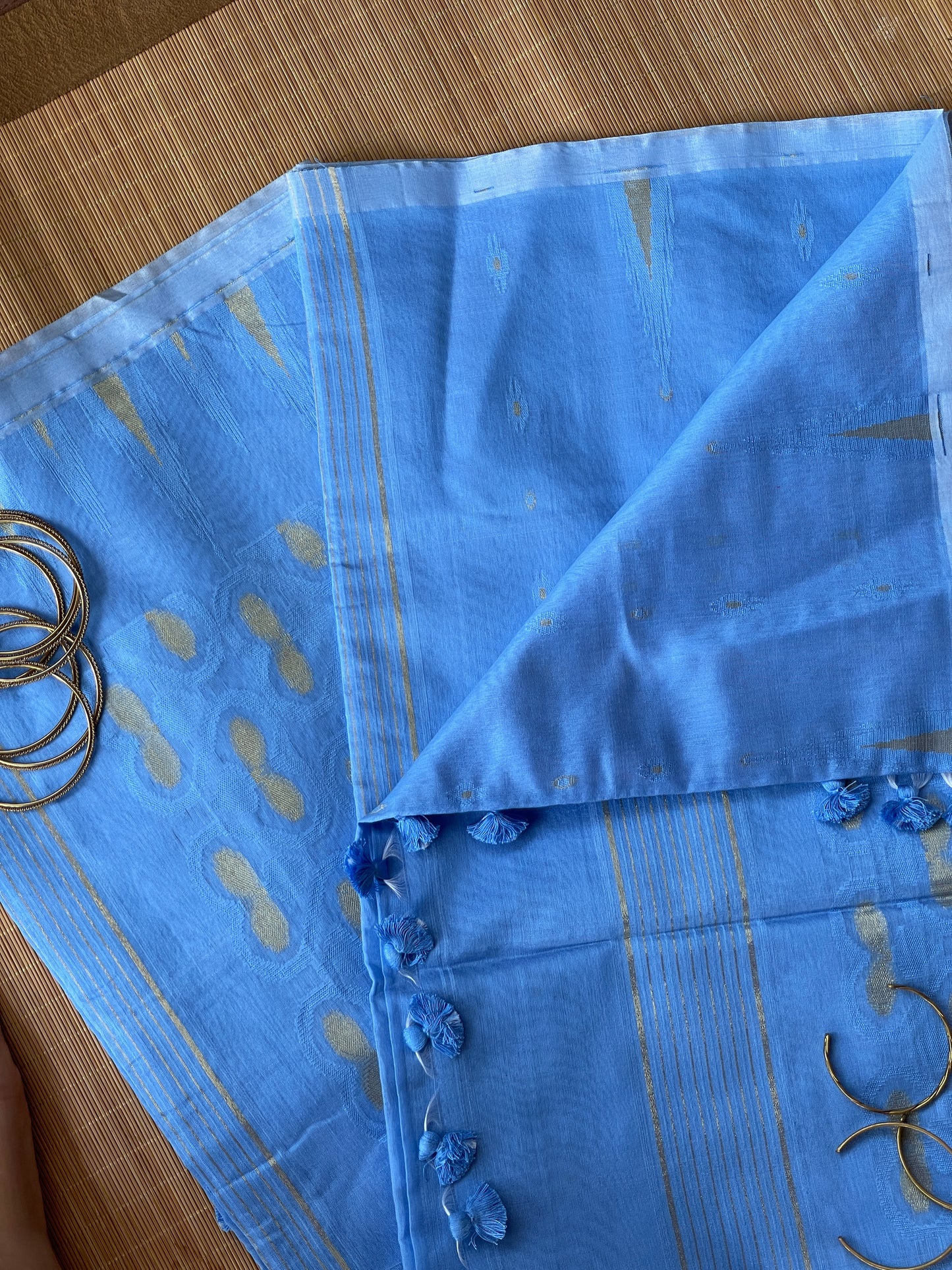 Azure Blue Cotton Silk Saree