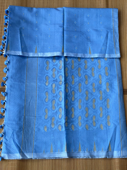 Azure Blue Cotton Silk Saree