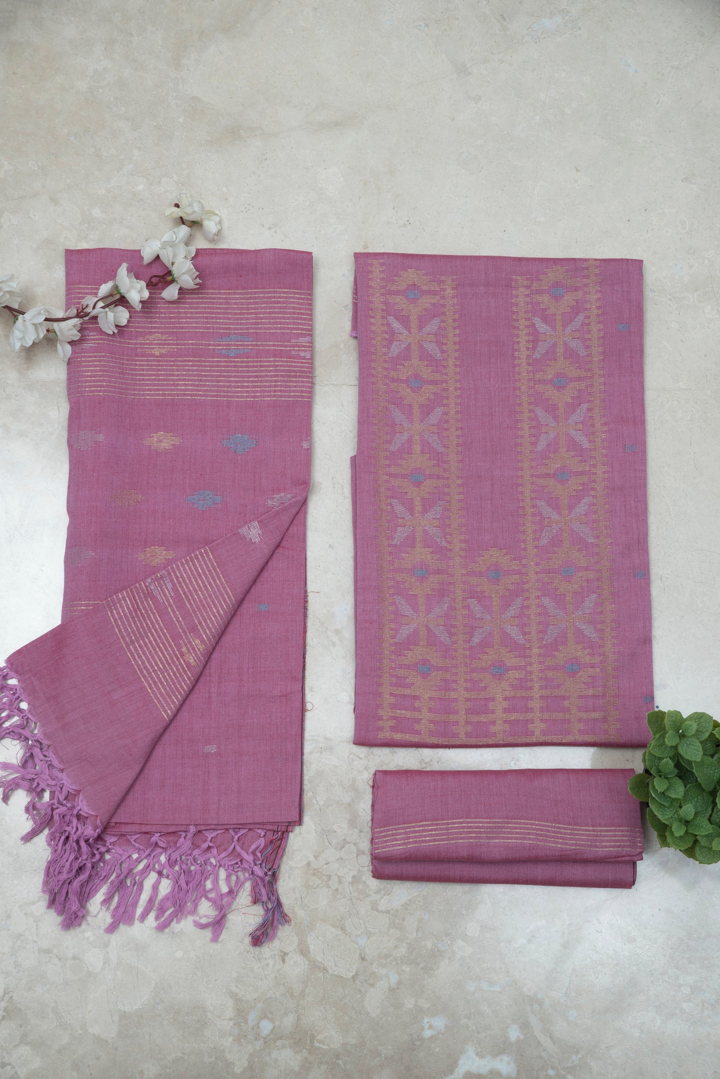 Blush Pink Hand Woven Mul Jamdani Suit With Zari