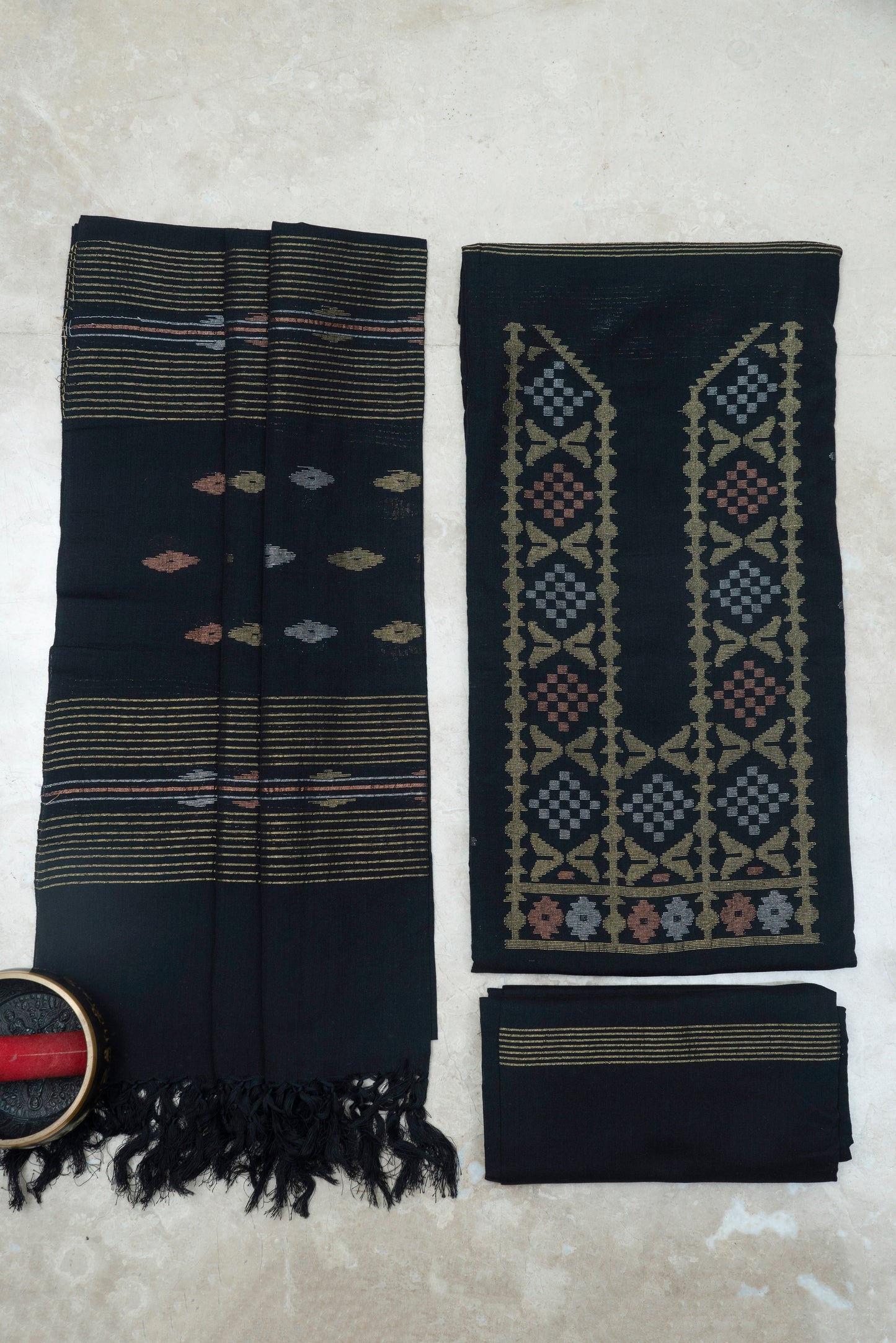 Black Hand Woven Mul Jamdani Suit With Zari