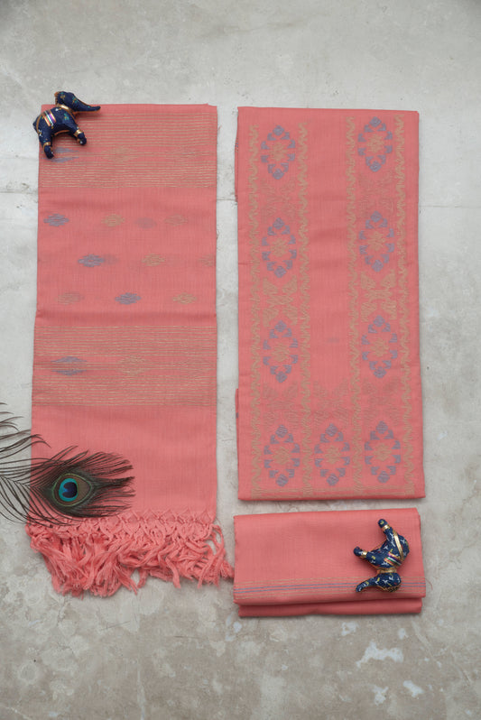 Peach Hand Woven Mul Jamdani Suit With Zari