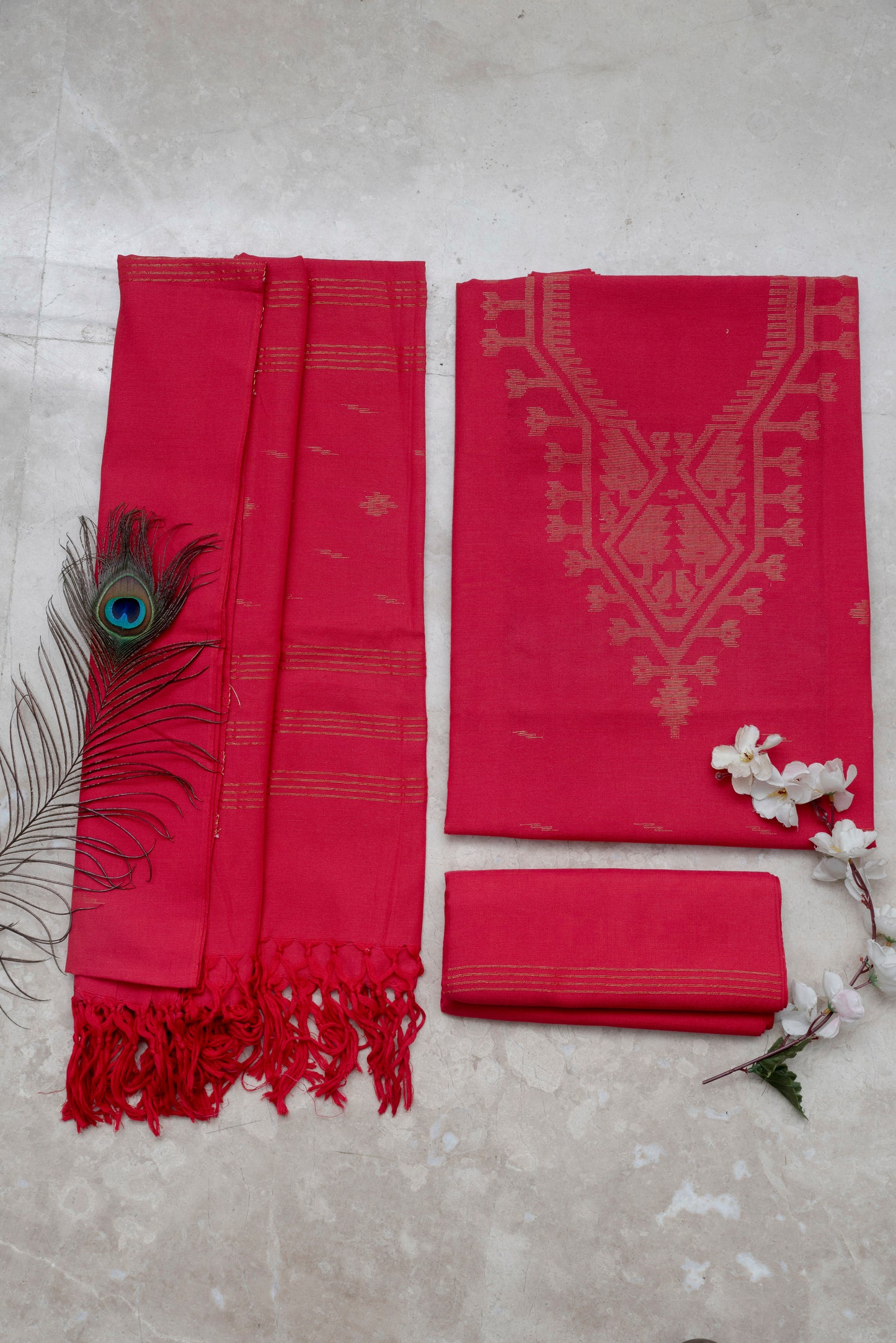 Red Hand Woven Mul Jamdani Suit With Zari