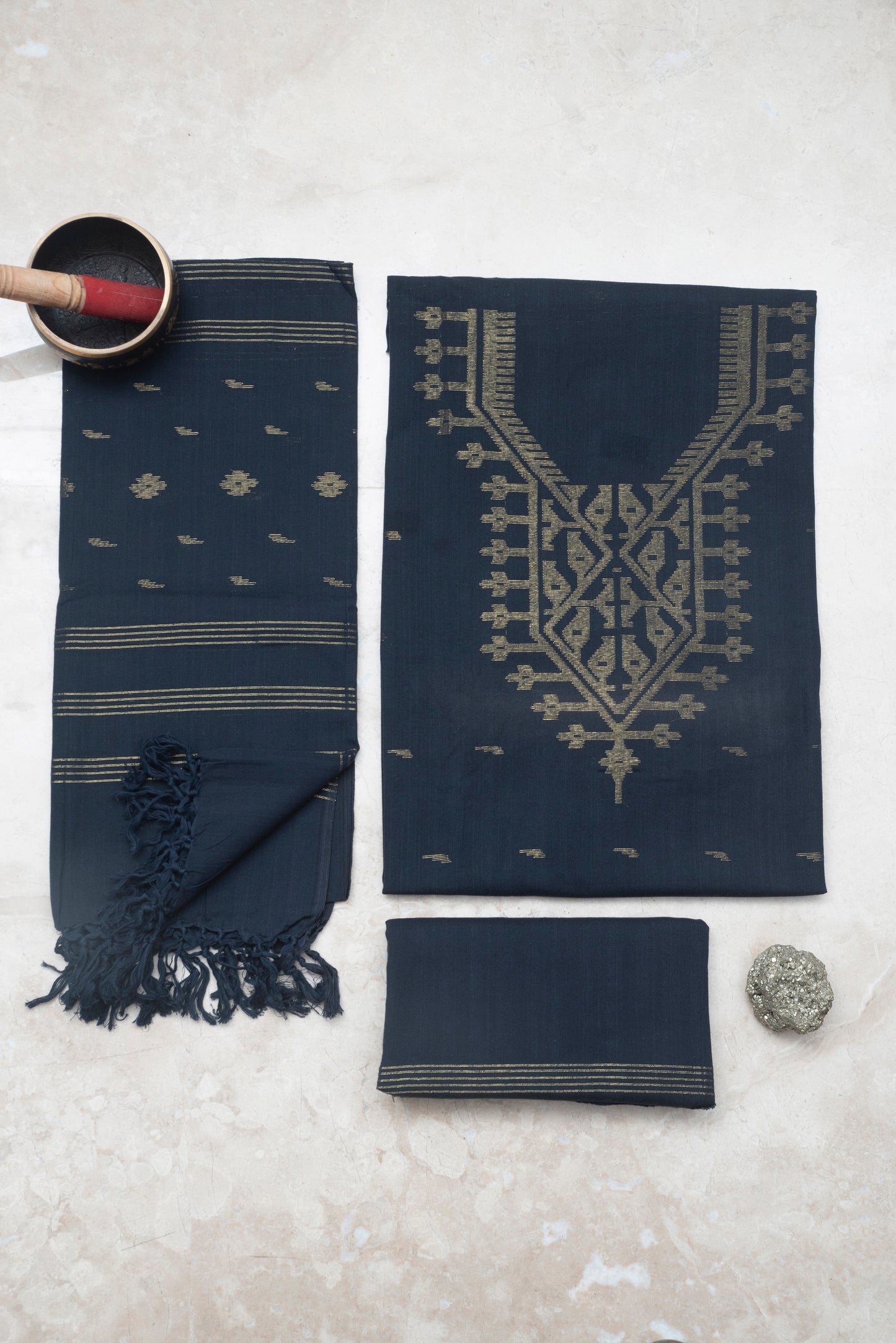 Black Hand Woven Mul Jamdani Suit With Zari