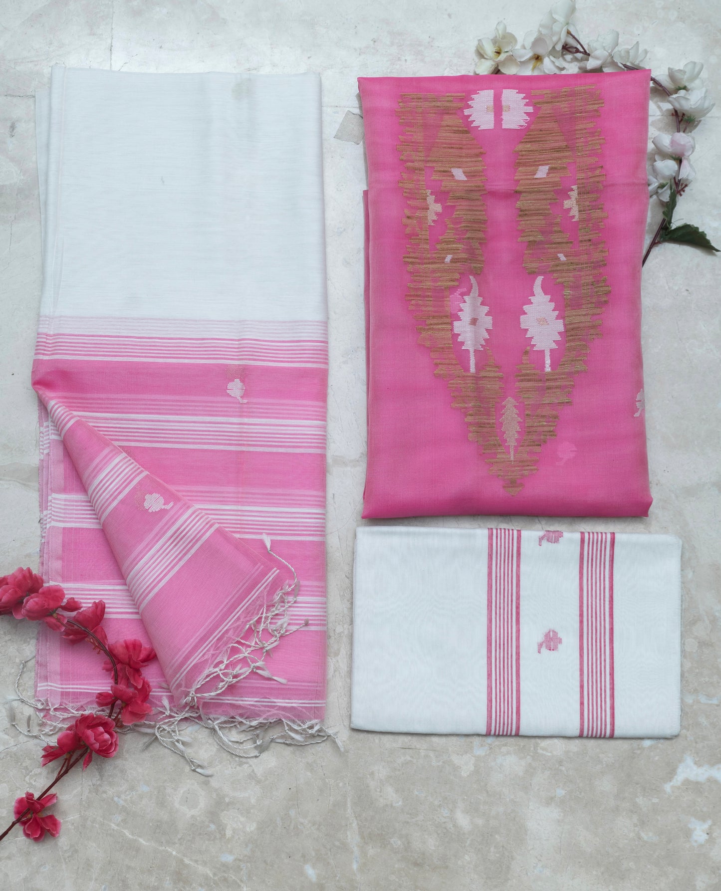 Rose Pink & Ivory Mulmul Suit