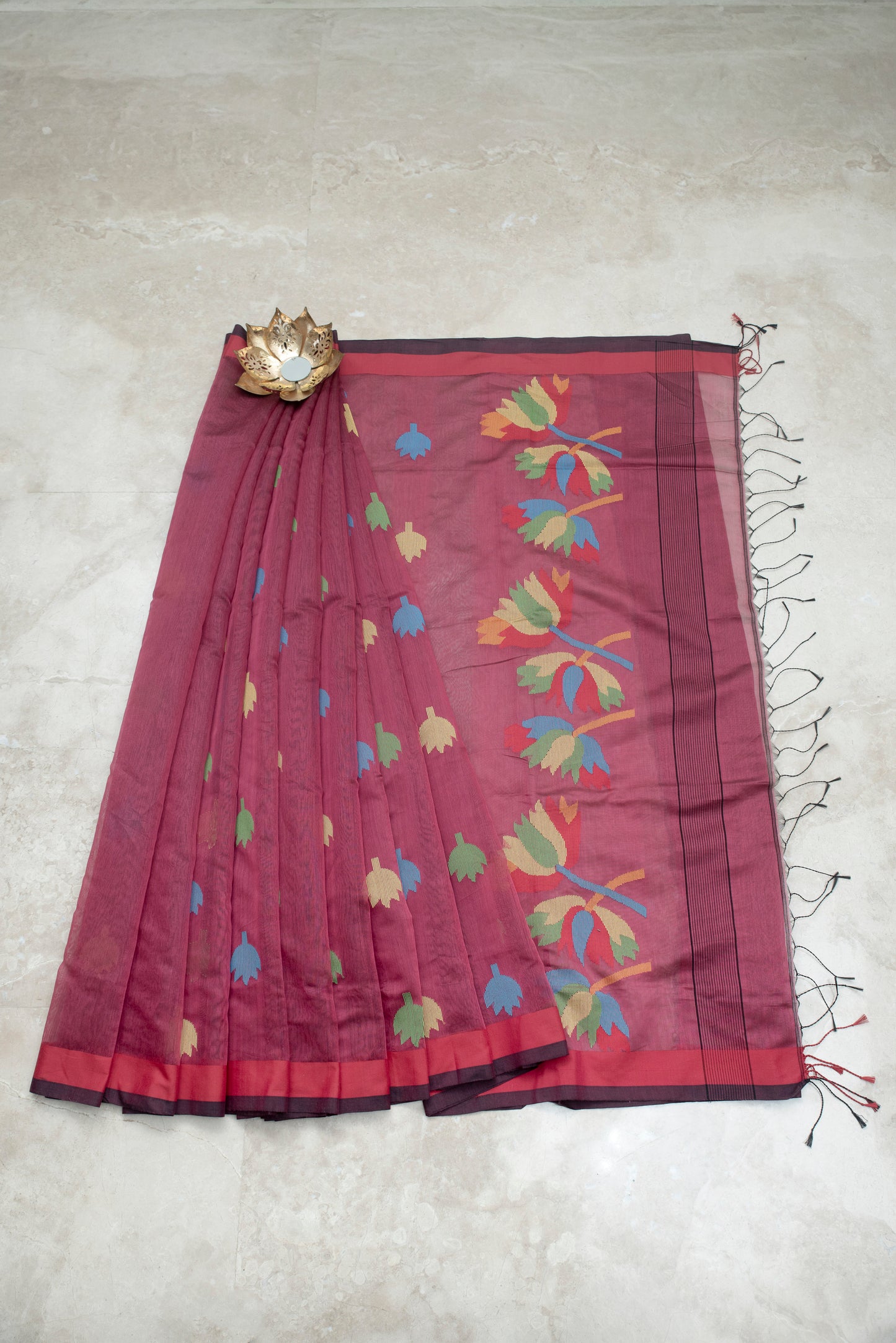 Maroon Cotton Silk Saree With Floral Motifs