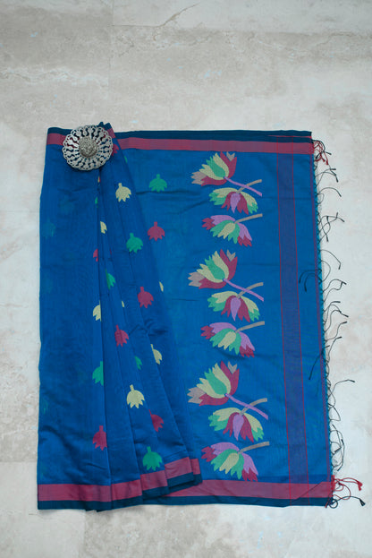 Blue Cotton Silk Saree With Floral Motifs