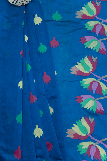 Blue Cotton Silk Saree With Floral Motifs