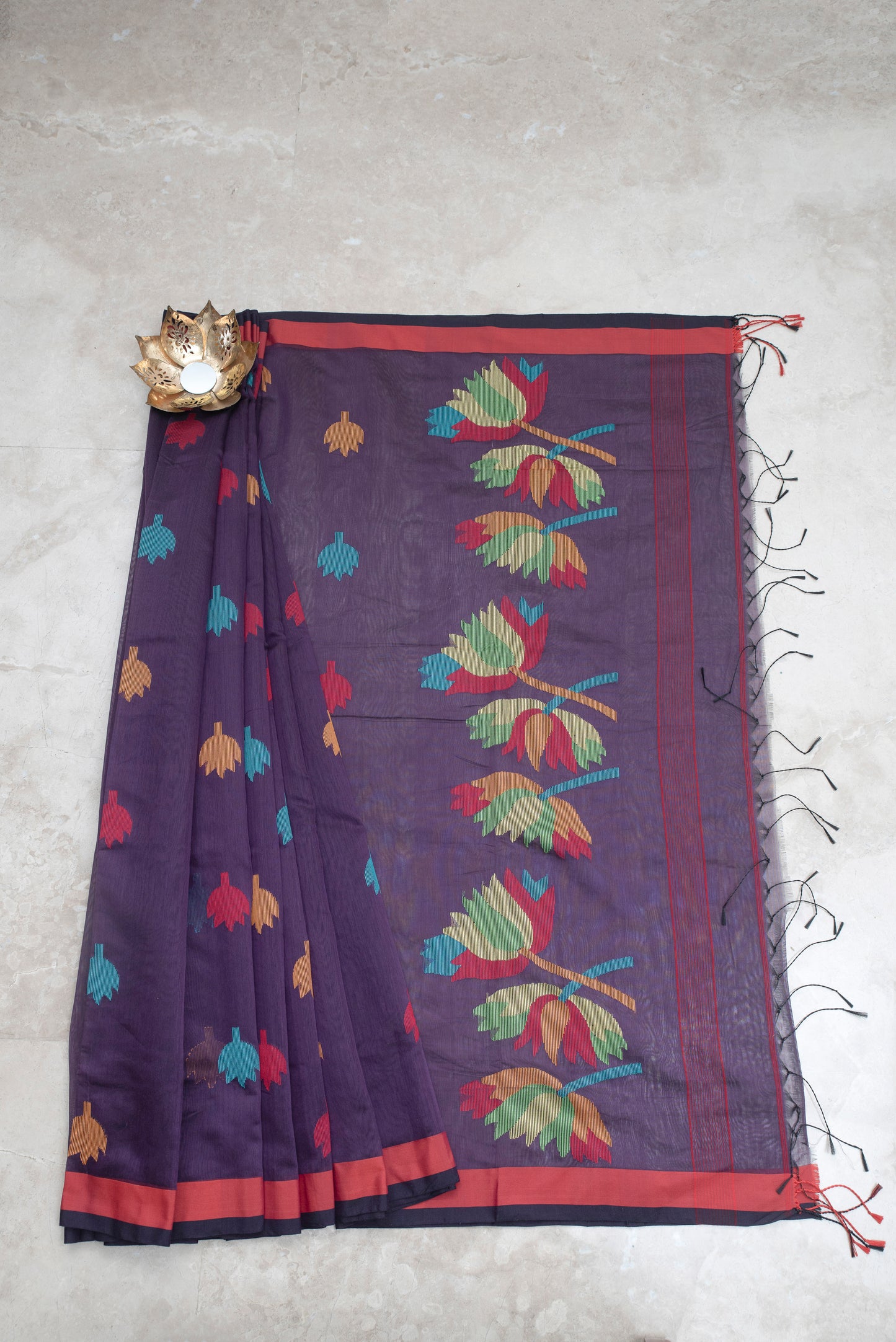 Purple Cotton Silk Saree With Floral Motifs