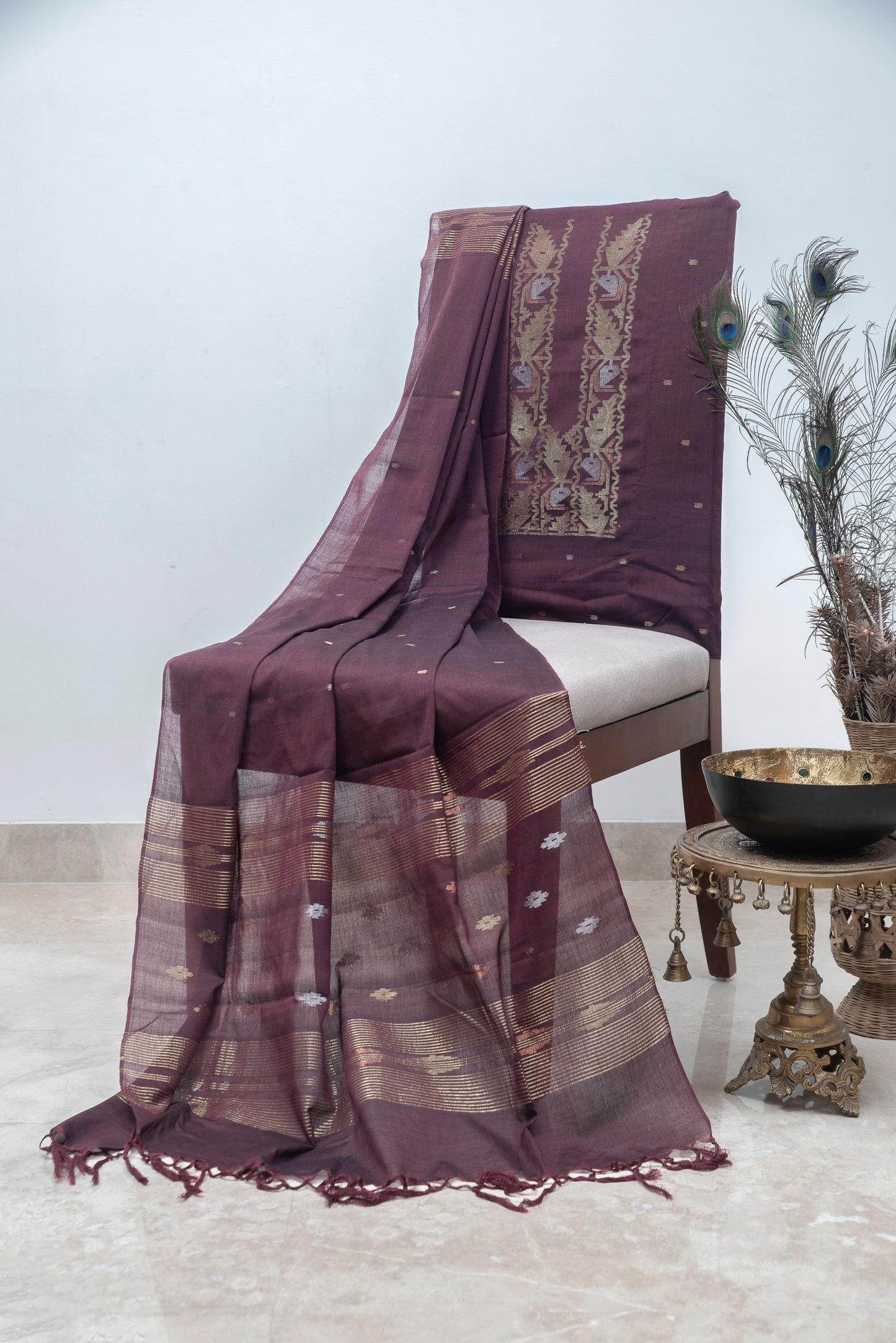 Plum Hand Woven Mul Jamdani Suit With Zari
