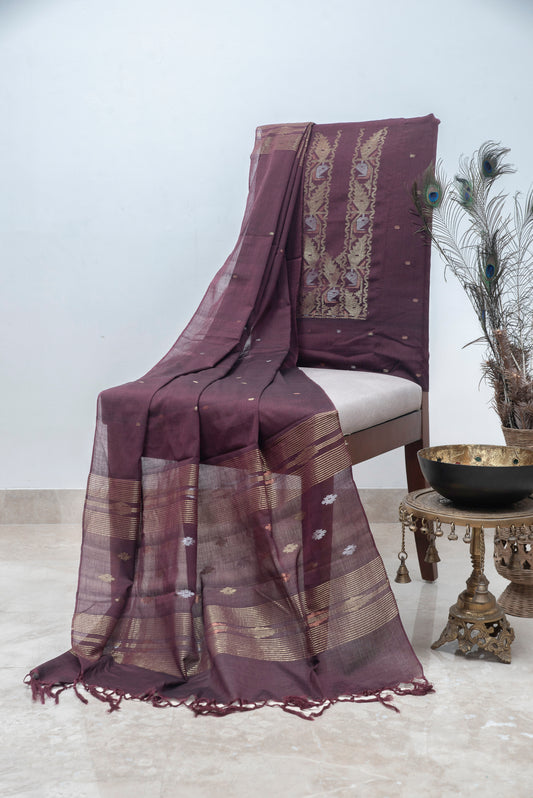 Plum Hand Woven Mul Jamdani Suit With Zari