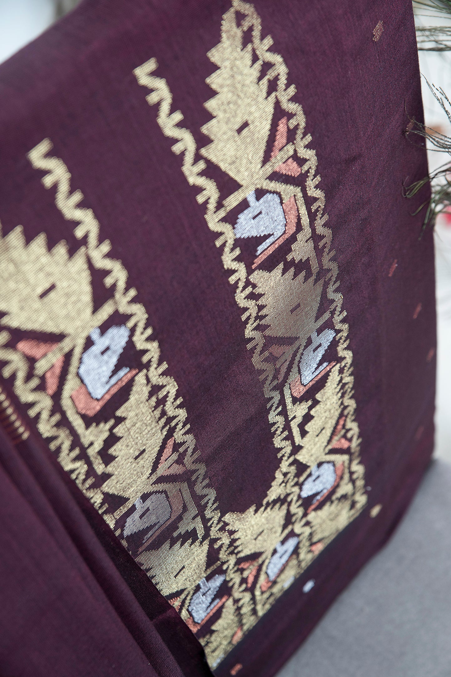 Plum Hand Woven Mul Jamdani Suit With Zari