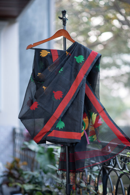 Black Cotton Silk Saree With Floral Motifs
