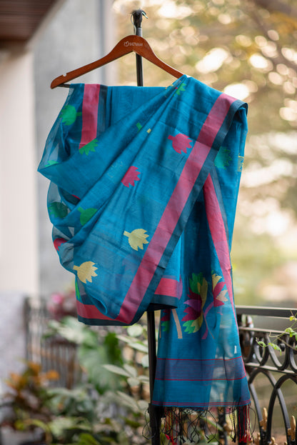 Blue Cotton Silk Saree With Floral Motifs