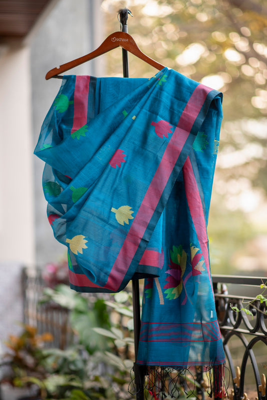 Blue Cotton Silk Saree With Floral Motifs