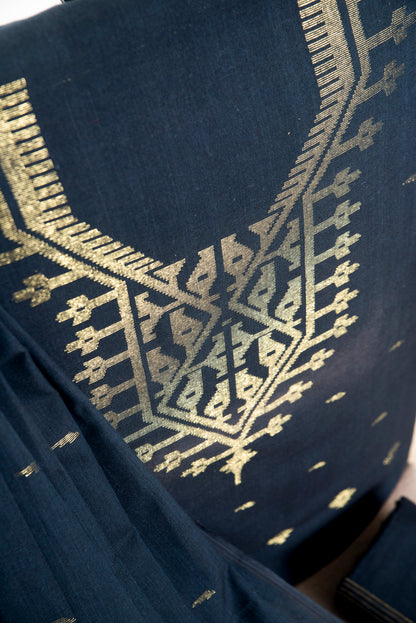 Black Hand Woven Mul Jamdani Suit With Zari