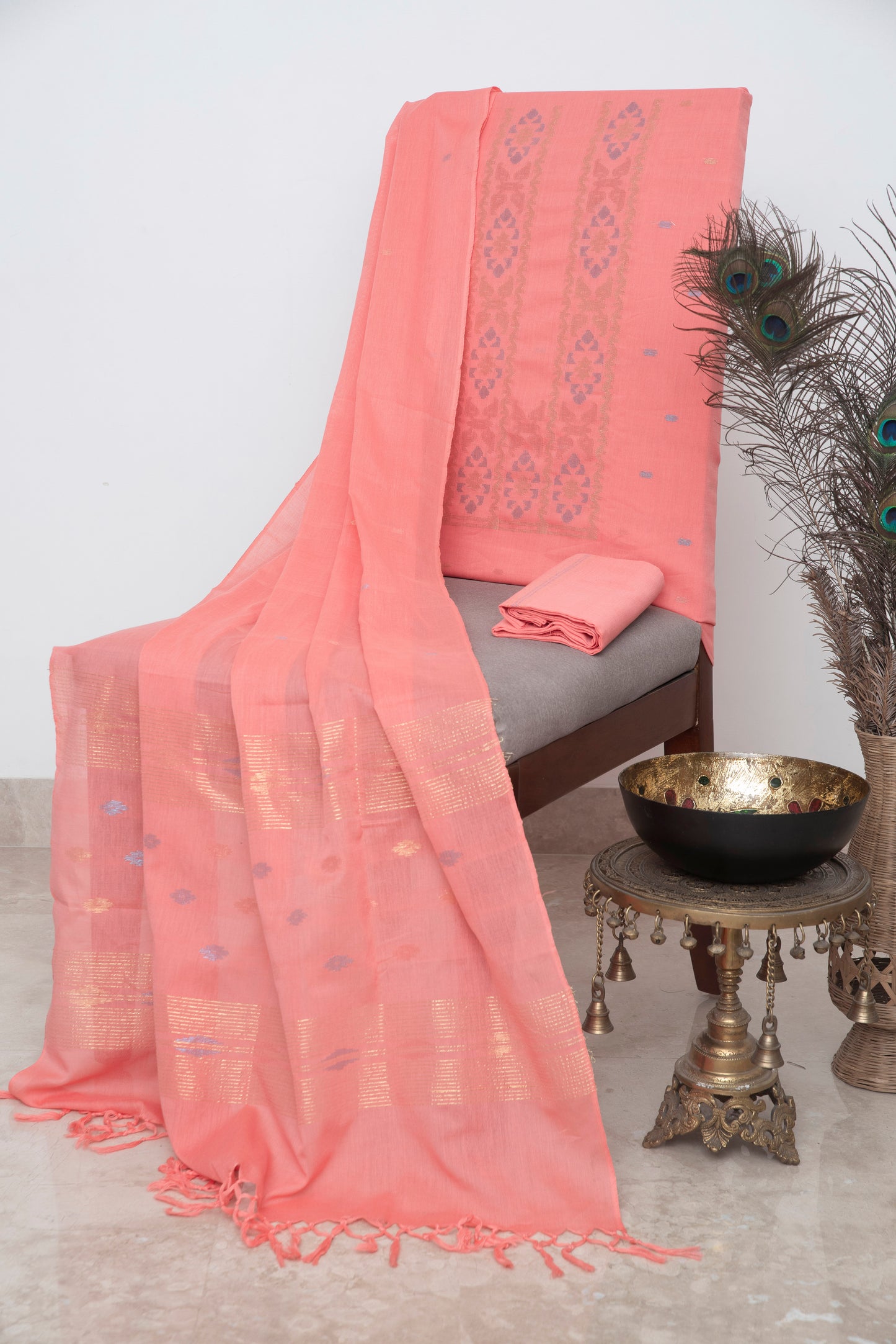 Peach Hand Woven Mul Jamdani Suit With Zari
