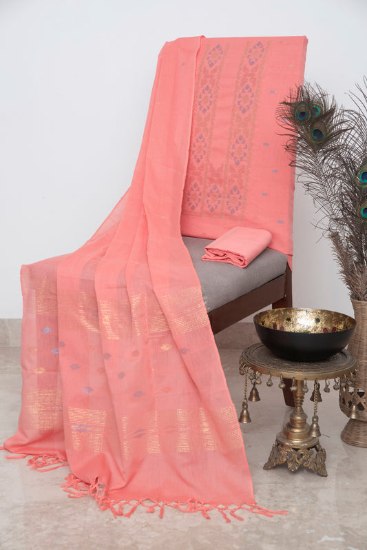 Peach Hand Woven Mul Jamdani Suit With Zari