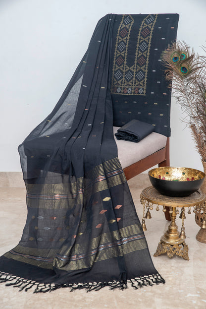 Black Hand Woven Mul Jamdani Suit With Zari