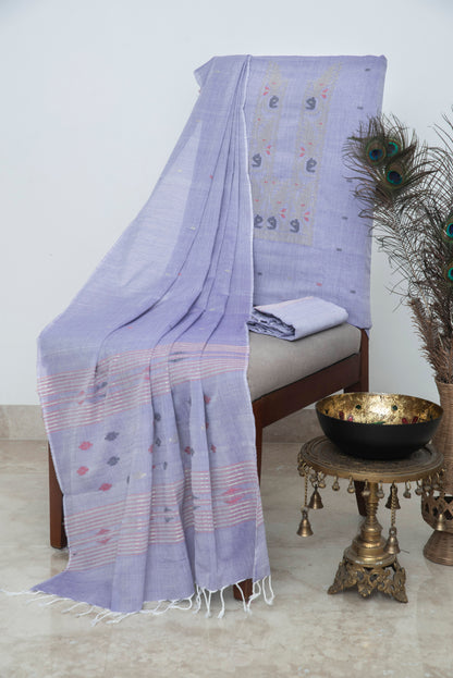 Lavender Hand Woven Mul Jamdani Suit With Zari