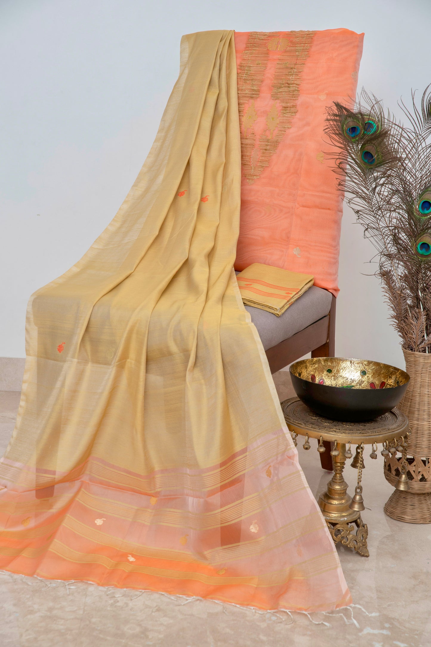 Peach Sorbet & Muted Gold Mulmul Suit